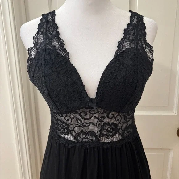 Black Coquette Babydoll Slip Dress Lace Fairy Whimsygoth Witchy Y2K Sheer Sz M - Picture 2 of 7